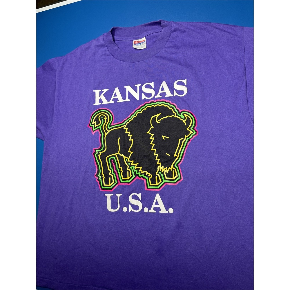 Vtg Buffalo Kansas Nature Center Shirt‎ Mens XL Neon Retro Single Stitch USA